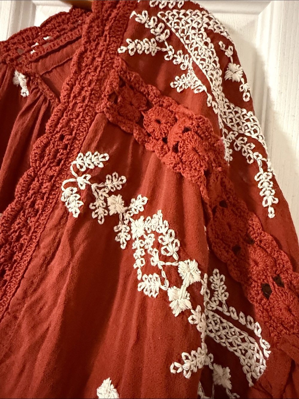 Bohemian Long-Sleeve Embroidered Maxi Dress — Rust with White Accents - Picture 3 of 7